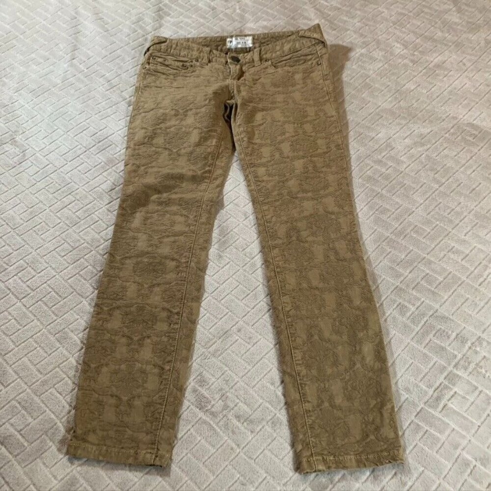 Free People Womens 26 Jeans Brown Skinny Low Rise Textured Floral Embroidered